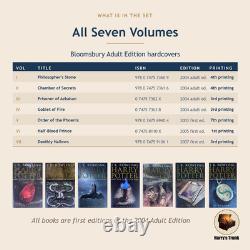 Harry Potter – Collection complète, tomes 1 à 7, Bloomsbury, 1re édition pour adultes, couverture rigide